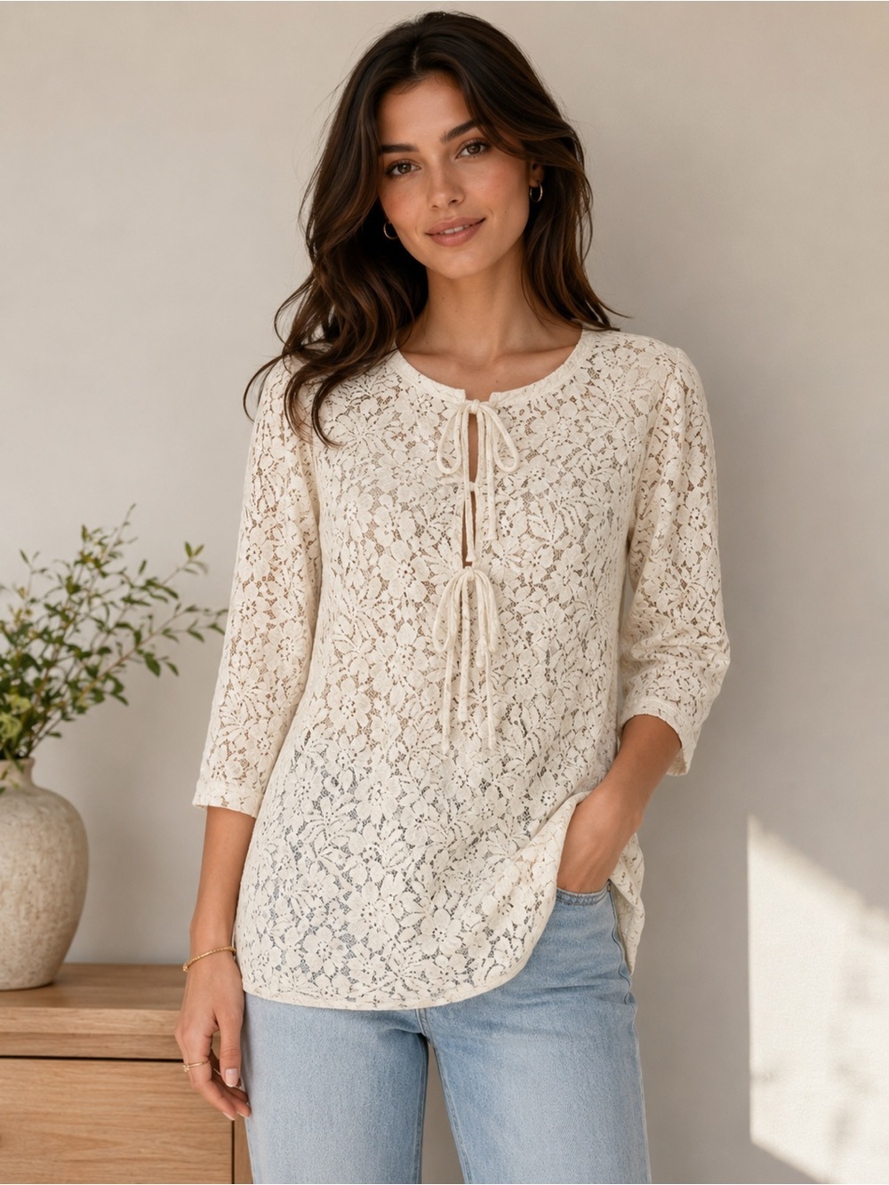 Adoreme Cream Lace Tie-Front Blouse Size M